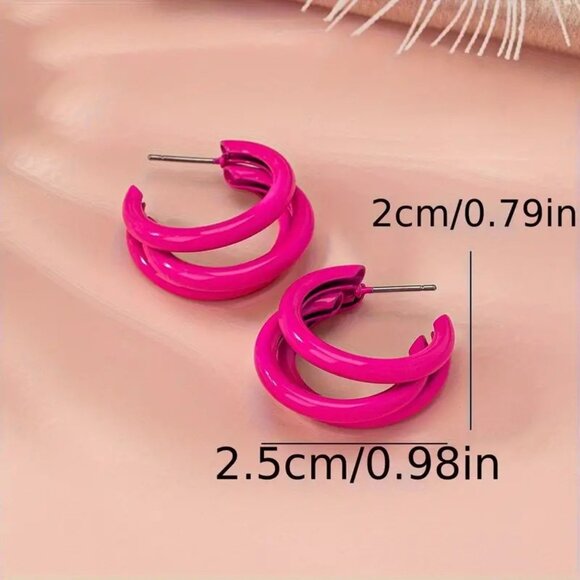 Earrings Pink Triple Multi Hoop C Shape Rings Fashion Classy Stylish Bright NEW - Picture 2 of 2